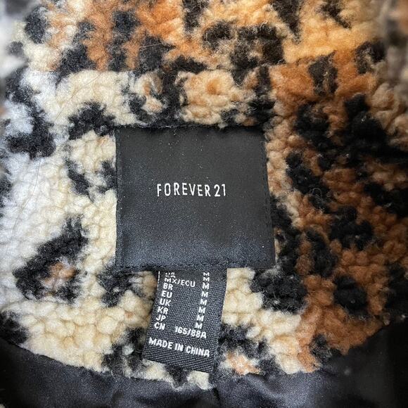 FOREVER 21 Leopard Cheetah Teddy Zip Up Jacket Black Brown Medium Mob Wife - Picture 3 of 3